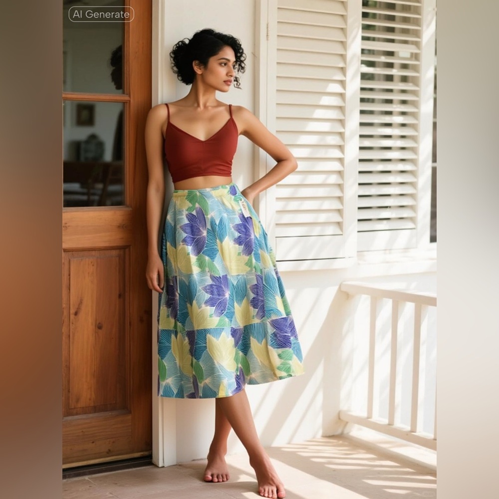 Y2K Tropics Floral A-Line Midi Skirt - Blue and Green
Resortwear Vacation